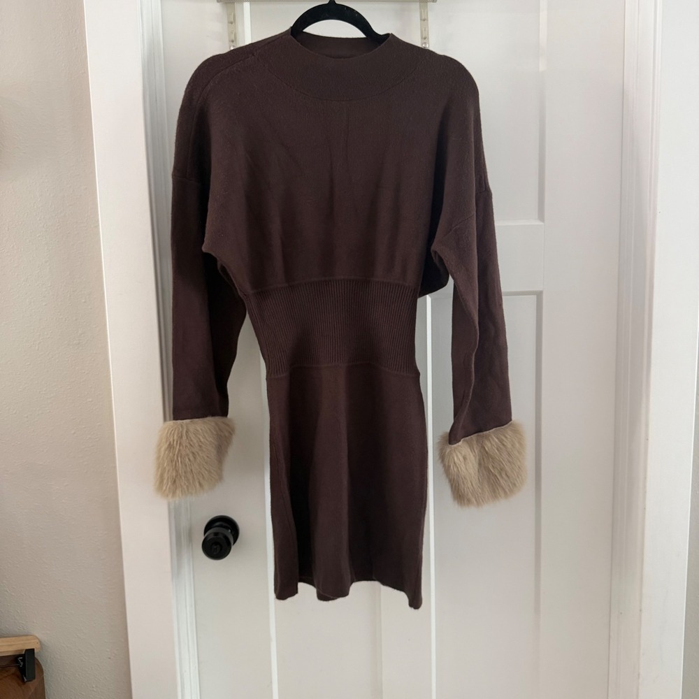 Anthropologie Faux Fur Trim Long Sleeve Sweater Mini Dress Brown S Winter Glam